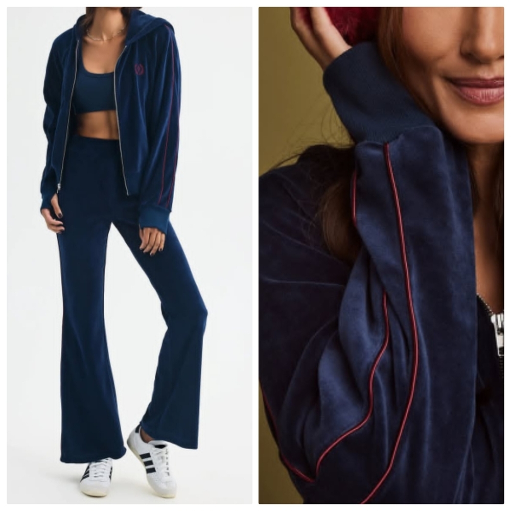 Nwt AYDA set: Luxury Winter Blue Velvet W Burgundy Piping Pants + Top Xs/S